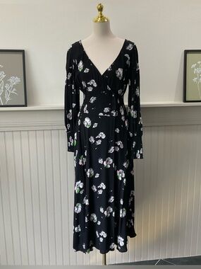 Free People Black Floral Midi Dress Smocked Waist Long Sleeve Boho Small
